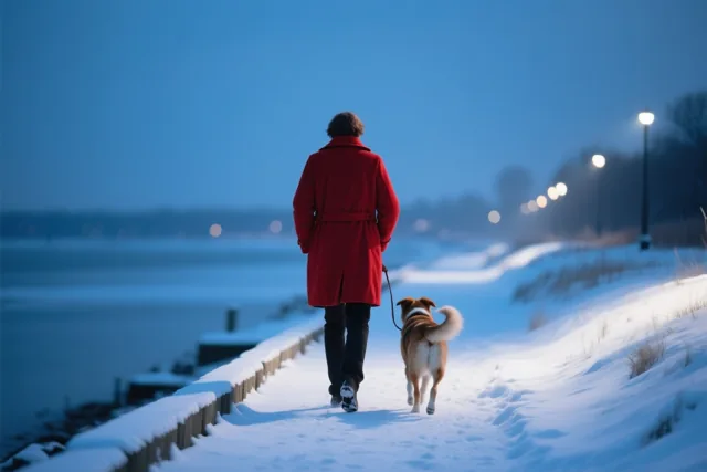 Een persoon in een rode jas wandelt met een bruin-witte hond over een besneeuwde dijk bij schemering, in koele blauwe tinten met warme straatlampen op de achtergrond.