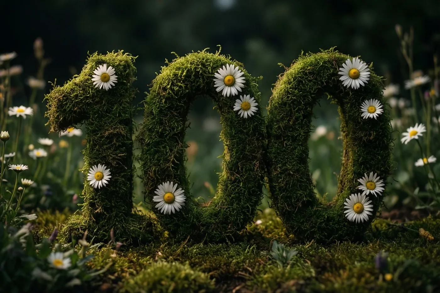 Het getal 100 is gemaakt van mos en versierd met madeliefjes in een landelijke tuin.