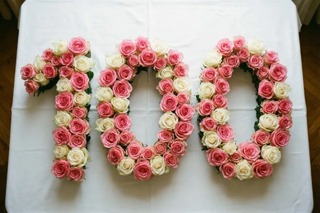 Van bovenaf zijn roze en witte rozen te zien die 100 vormen op een wit tafelkleed, met een houten vloer eromheen.