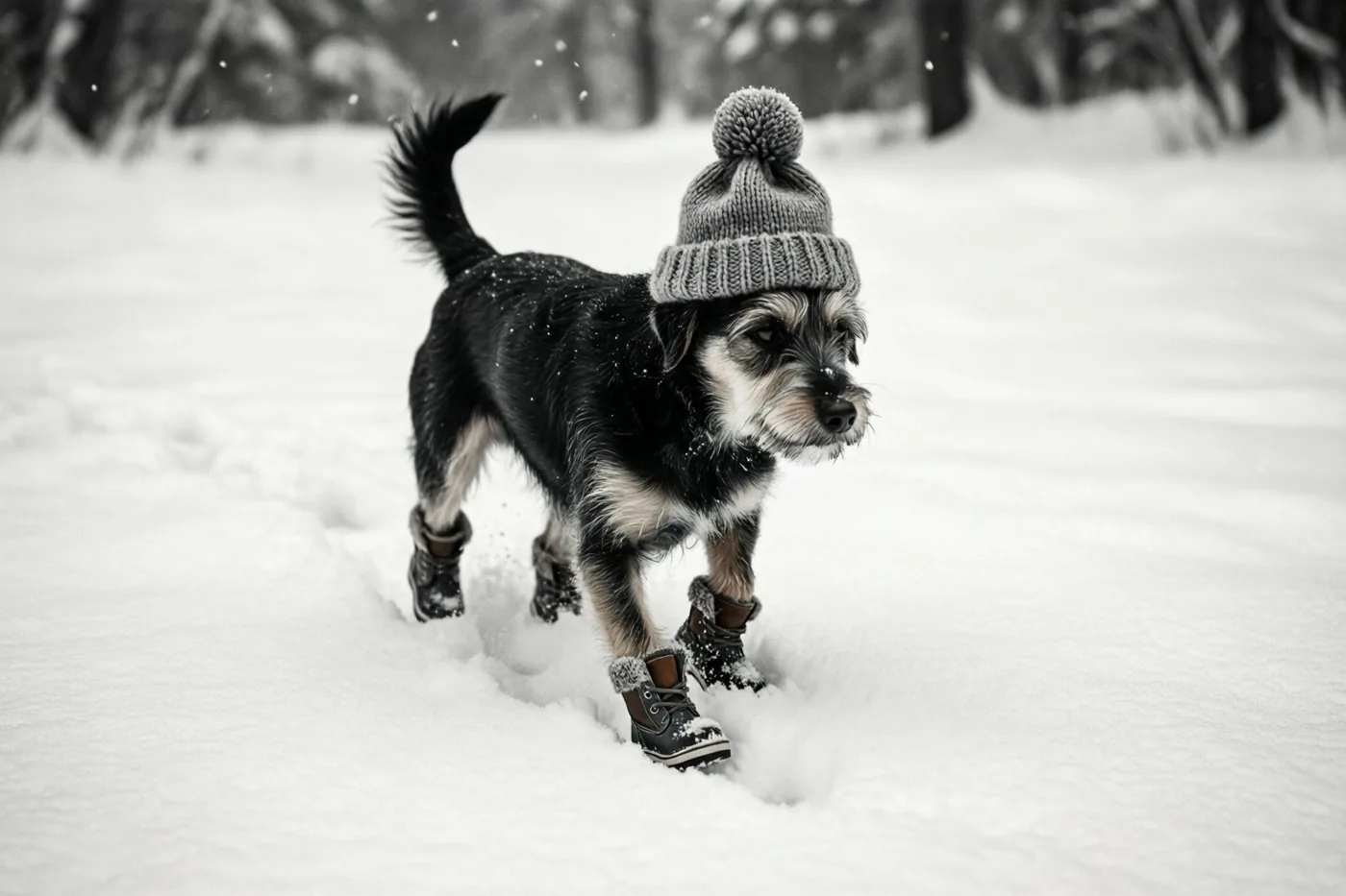 Een kleine zwart-witte hond met een gebreide muts en vier kleine laarsjes stapt door diepe sneeuw in een bos op een zwart-witfoto.