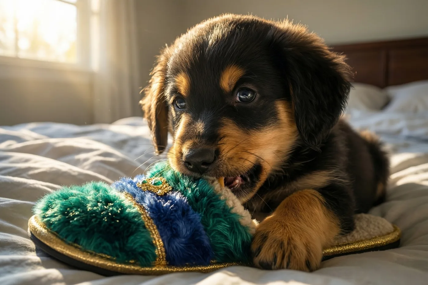 Een zwart-bruin puppy ligt op een onopgemaakt bed en kauwt op een kleurrijke, pluizige pantoffel in het warme ochtendlicht van een raam.