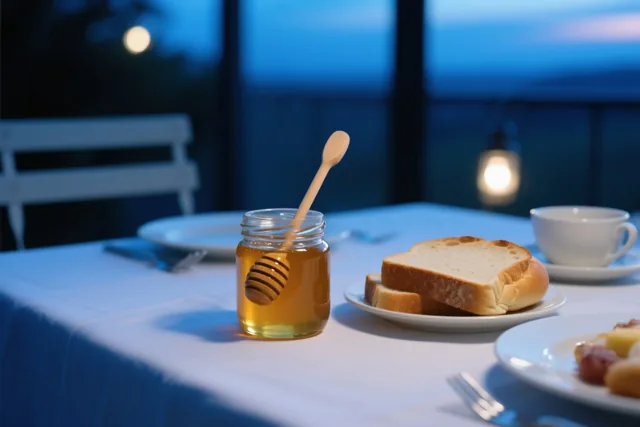 Op een ontbijttafel staan een pot honing met een houten honinglepel en sneetjes brood, met een blauwe schemerlucht en zachte lichtjes op de achtergrond.