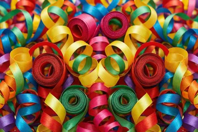 Een dichte hoop gekrulde cadeaulinten in rood, geel, groen en blauw vult het beeld.