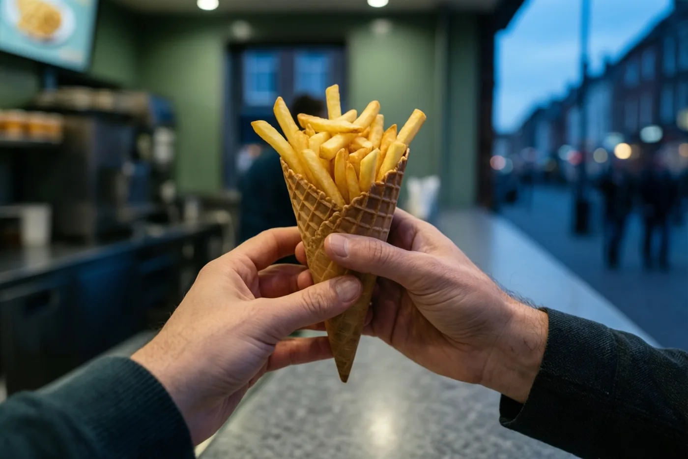 Twee handen houden een wafelhoorntje met goudgele frieten vast aan de toonbank van een frietkot, met een onscherp straatbeeld in blauwe en groene avondtinten op de achtergrond.