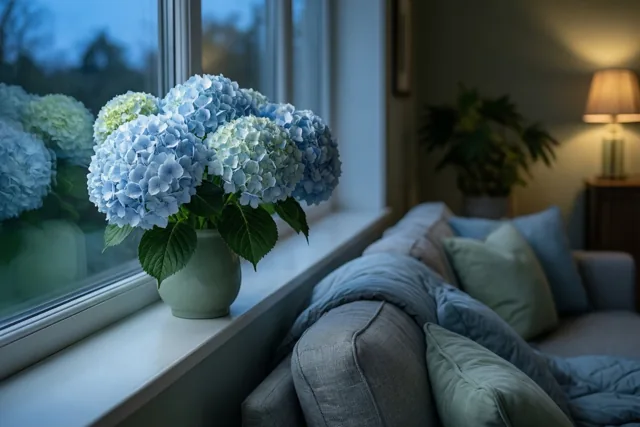 Op een vensterbank boven een grijze zetel met kussens en een dekbed staan lichtblauwe hortensia’s in een groene vaas, met koel raamlicht en warm lamplicht op de achtergrond.