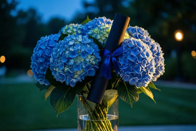 Een opgerold diploma met een blauw lint zit tussen blauwe hortensia's in een heldere glazen vaas, buiten bij schemering met wazig groen en warme lichtjes erachter.