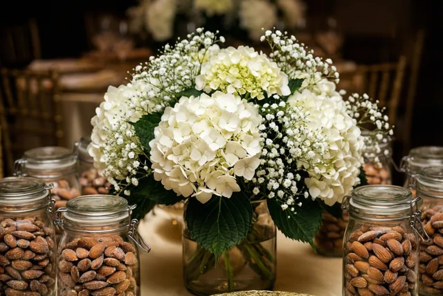 Witte hortensia's en gipskruid staan in een glazen vaas tussen glazen potjes suikerbonen, in een warm verlichte binnenruimte met houten stoelen op de achtergrond.
