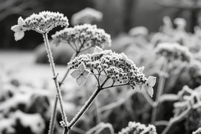 Berijpte, verdroogde bloemhoofden van hortensia's zijn scherp in beeld tegen een wazige wintertuin op een monochrome foto.