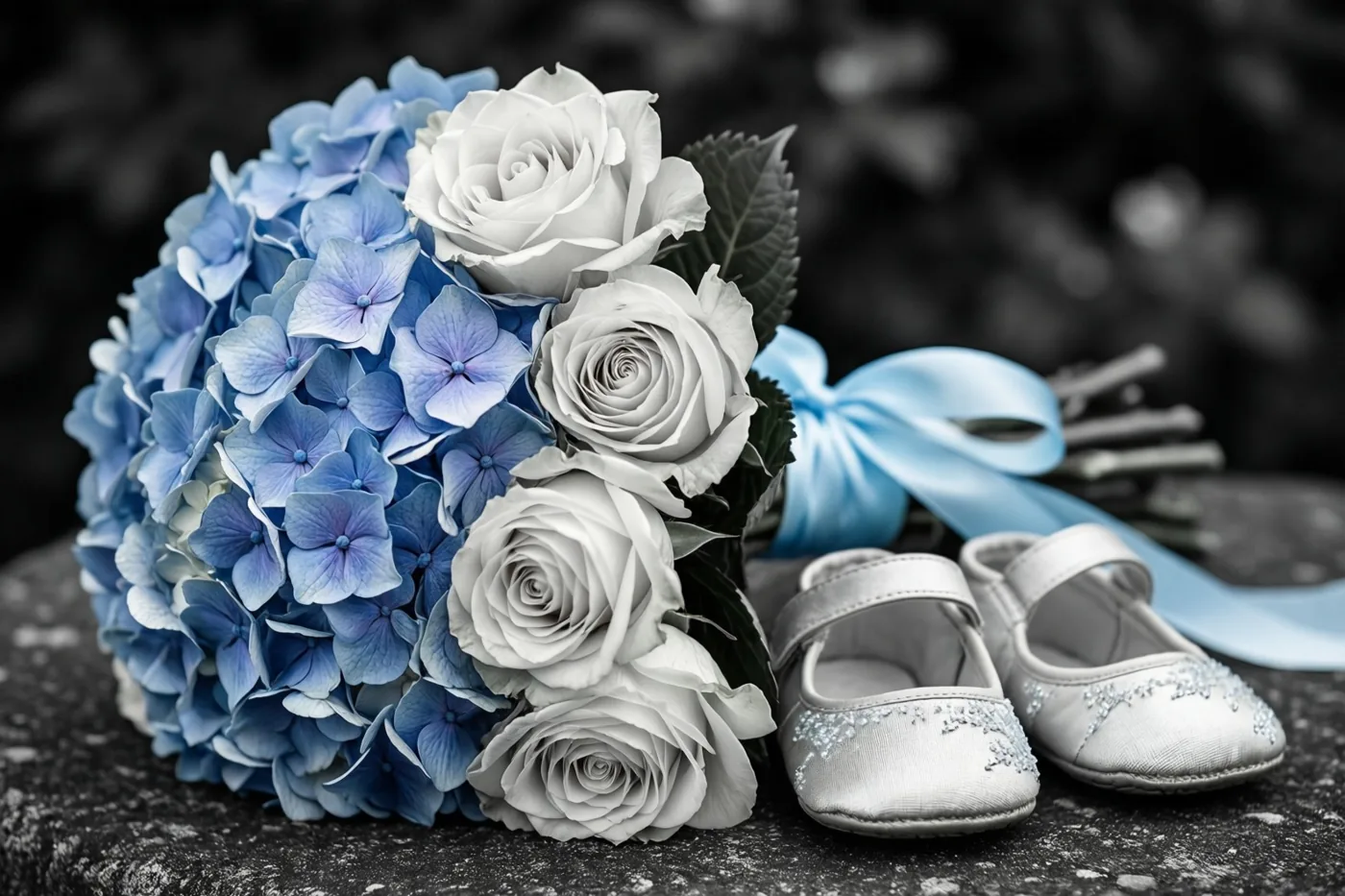 Een boeket blauwe hortensia's en witte rozen met een lichtblauw lint ligt naast zilverkleurige babyschoentjes op een donkere ondergrond met structuur, tegen een zwart-witachtergrond.