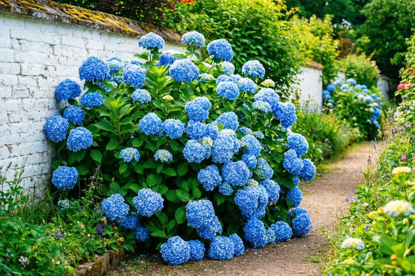 Een grote struik met lichtblauwe hortensia's hangt over een aarden pad naast een witgekalkte bakstenen muur in een groene zomertuin.