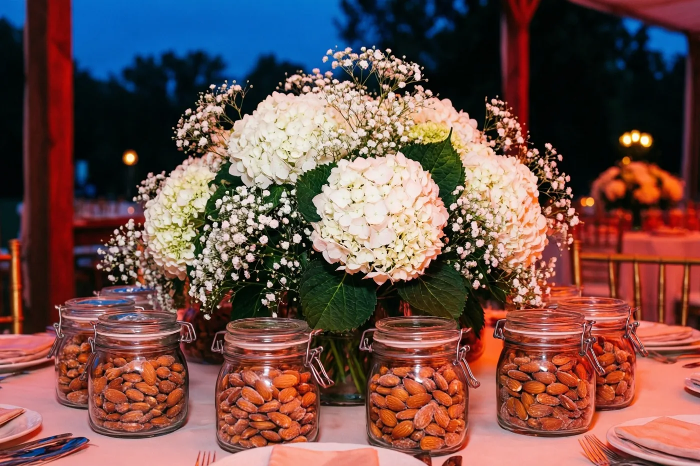 Een tafelstuk met grote witte hortensia's en gipskruid staat tussen glazen potjes suikerbonen onder een tent, bij schemering in warm licht.