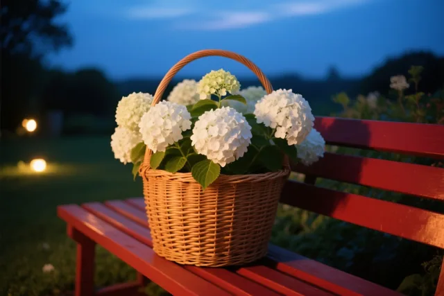 Een rieten mand met witte hortensia's staat op een rode tuinbank in warm licht onder een diepblauwe schemerlucht.