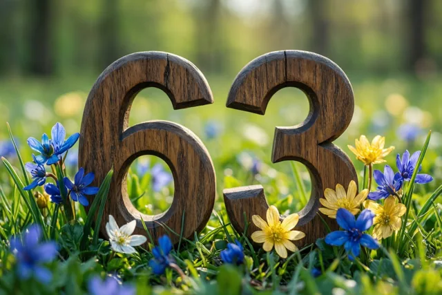 Houten cijfers 63 staan in een zonnige groene weide met blauwe en gele lentebloemen.