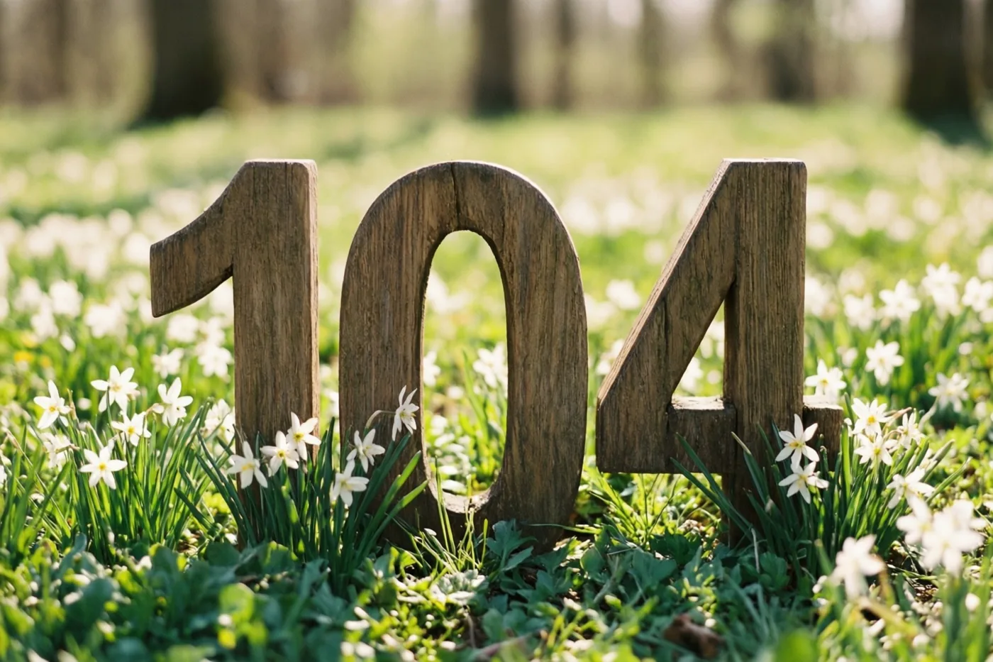 Houten cijfers vormen 104 in een zonnige grasweide met witte lentebloemen.