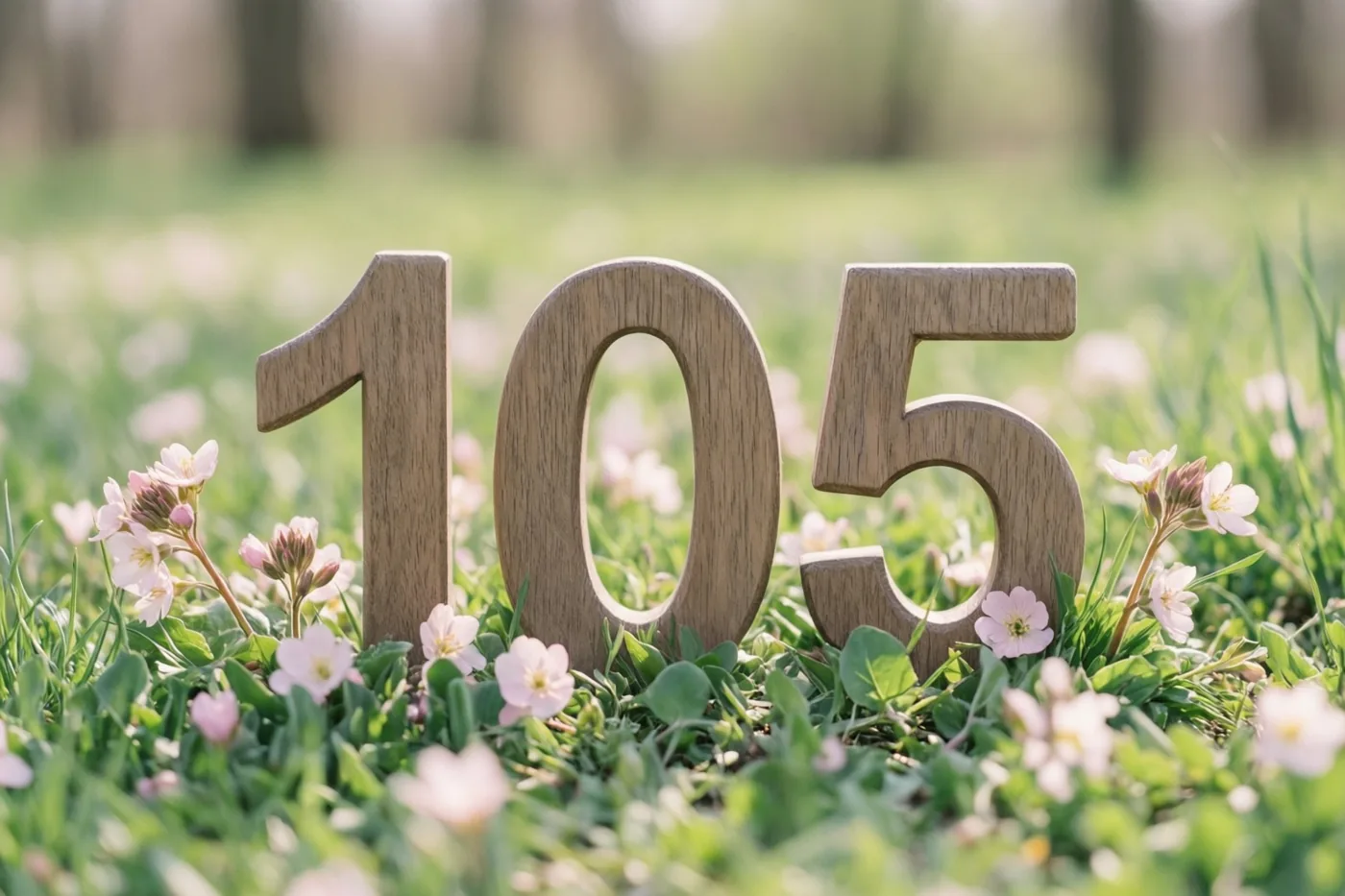Houten cijfers vormen 105 in een zonnige grasweide met kleine roze en witte bloemen en onscherp groen op de achtergrond.