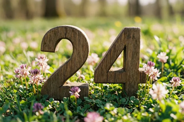 Houten cijfers die samen 24 vormen staan rechtop in een zonnige grasweide vol kleine roze bloemen.