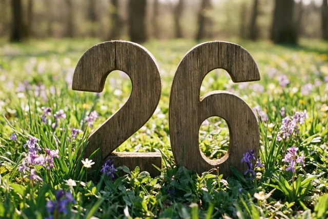 Houten cijfers die 26 vormen staan rechtop in een zonnige grasweide met paarse en witte lentebloemen.