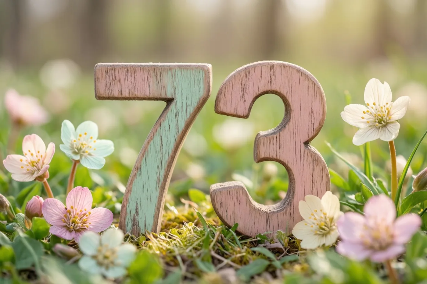 Houten cijfers vormen het getal 73 in een zonnige grasweide met kleine lentebloemen en een onscherpe achtergrond.