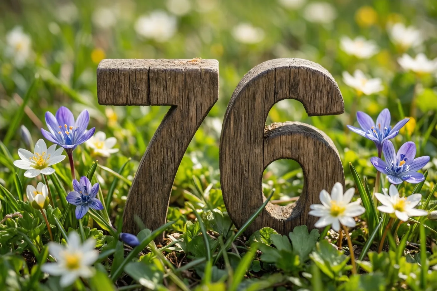 Houten cijfers vormen 76 in een grasweide vol lentebloemen in helder zonlicht.