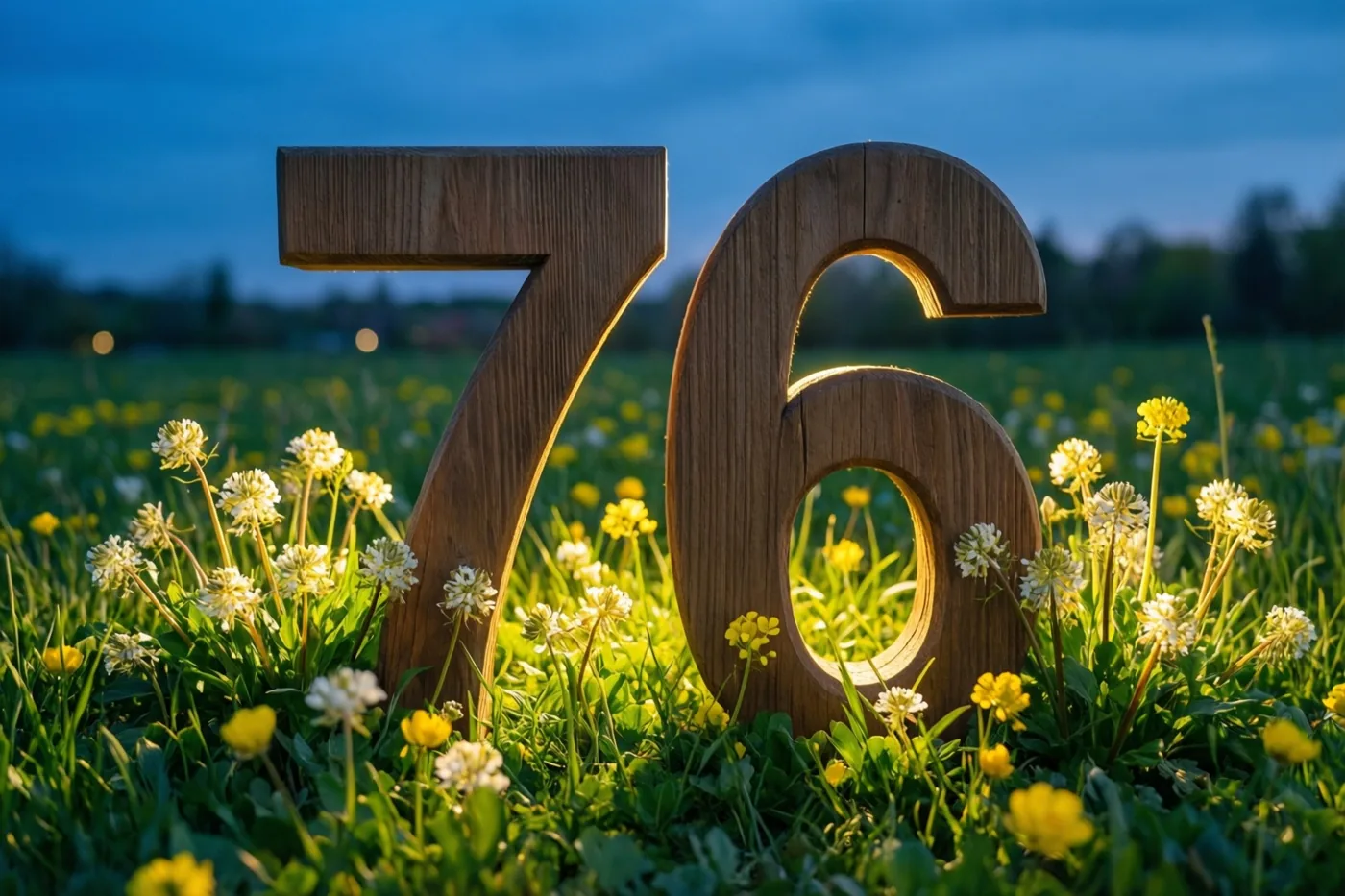 Het houten getal 76 staat in een weide met gele en witte lentebloemen, in warm zonlicht tegen een blauwe schemerlucht.