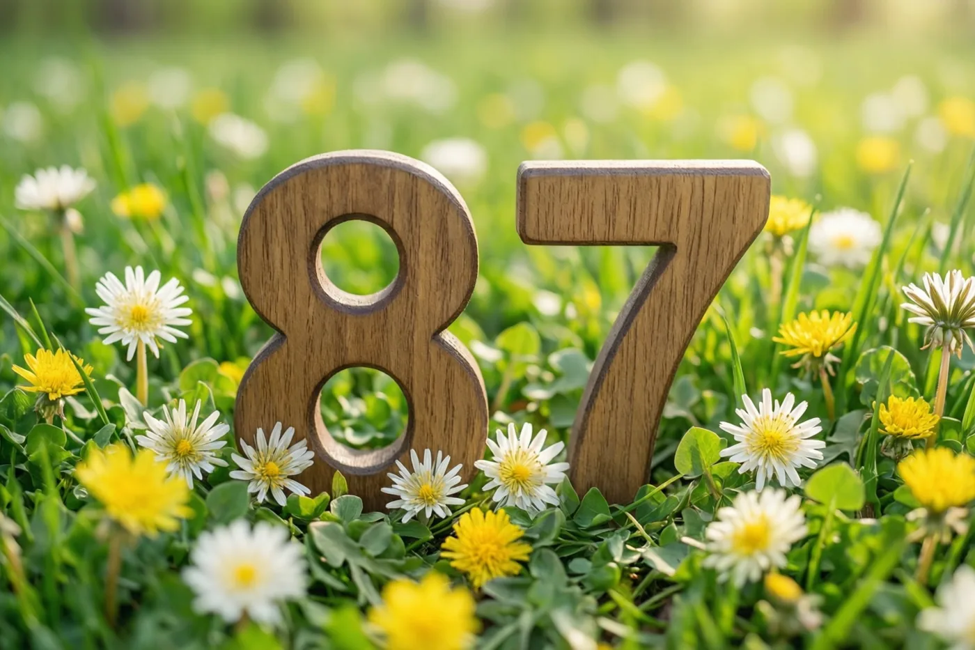 Houten cijfers vormen 87 in een zonnige groene weide met gele paardenbloemen en witte paardenbloempluizen.