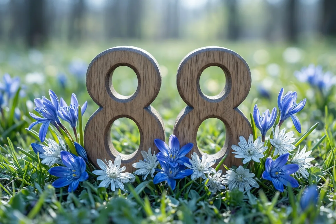 Twee houten achten staan in een zonnige grasweide tussen blauwe en witte lentebloemen.
