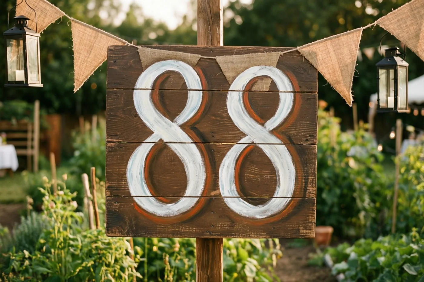 Een rustiek houten bord met 88 in wit en oranje staat in een tuin met juten vlaggetjes en hangende lantaarns in warm goudkleurig licht.