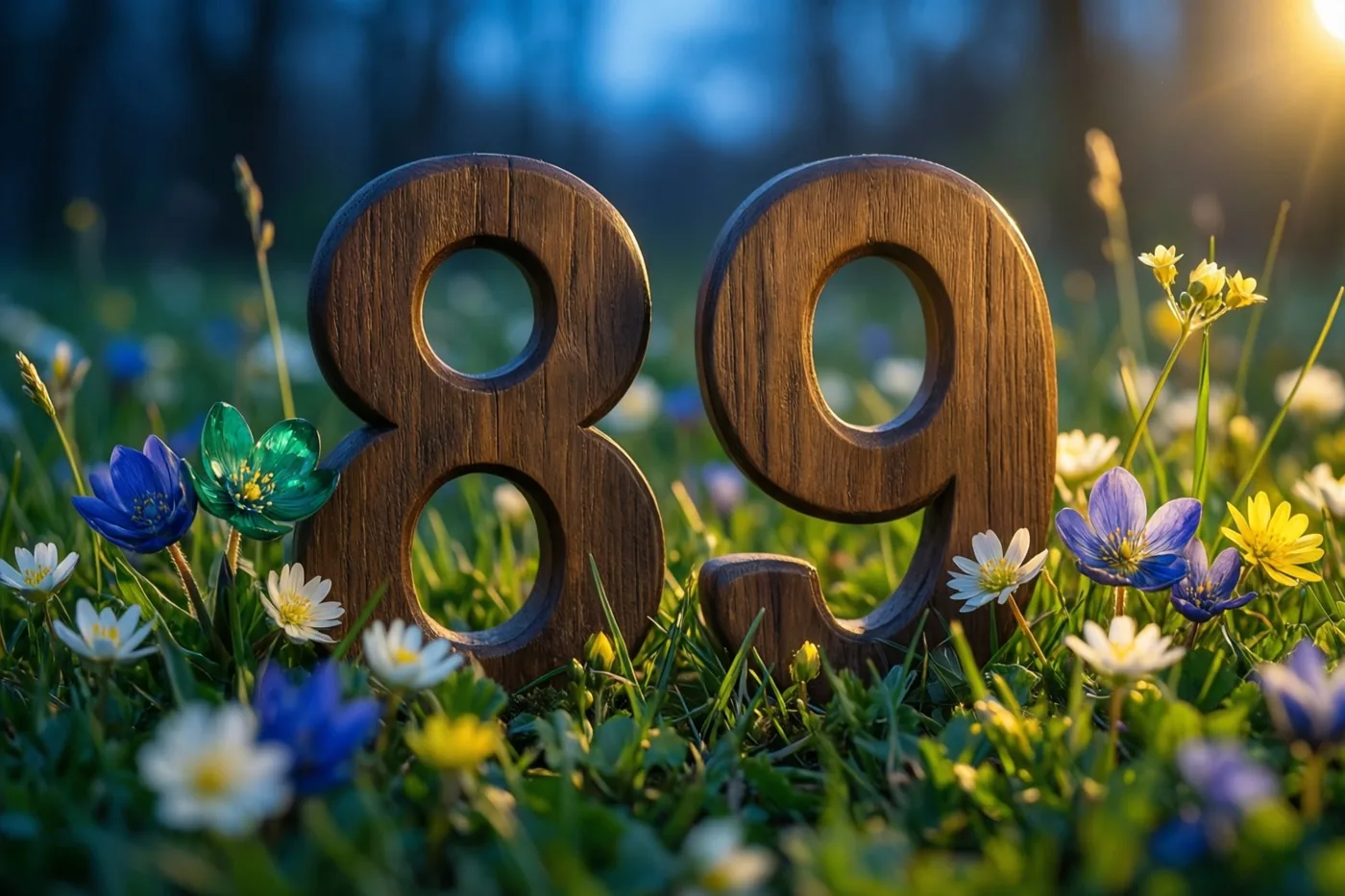 Houten cijfers vormen 89 in een grasweide met kleurrijke lentebloemen, in warm zonlicht tegen een zachtblauwe achtergrond.
