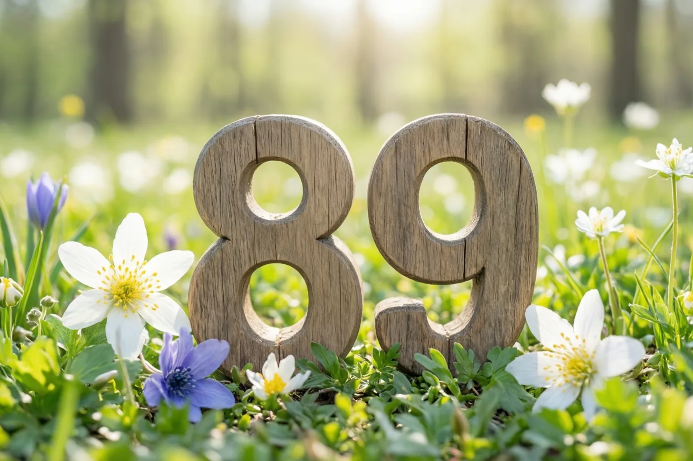 Houten cijfers vormen 89 in een zonnige weide met lentebloemen in groene, witte en paarse tinten.
