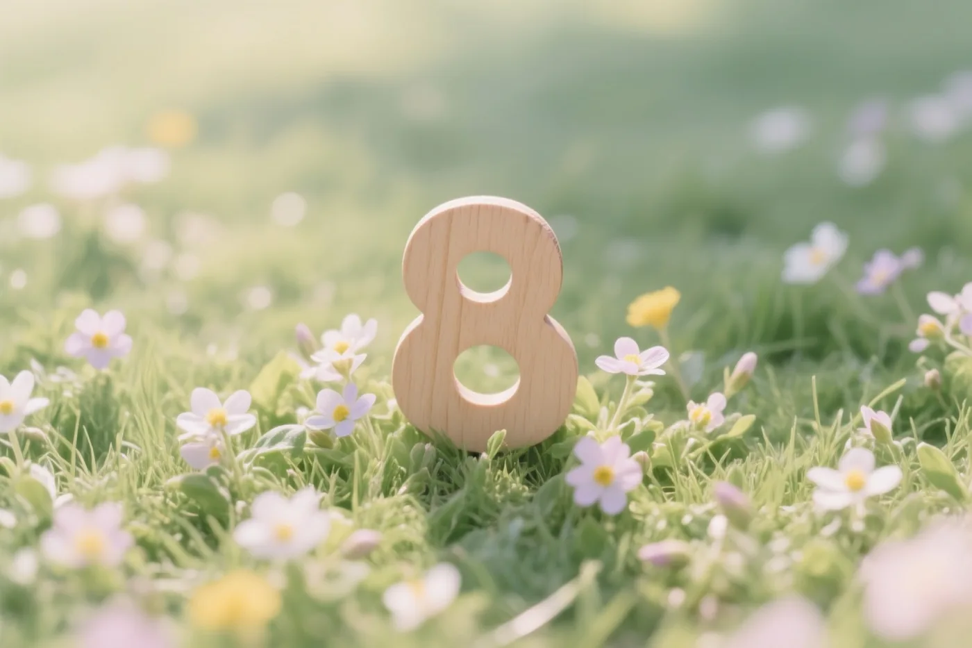 Een houten 8 staat in groen gras tussen kleine witte en gele bloemen in helder zonlicht.