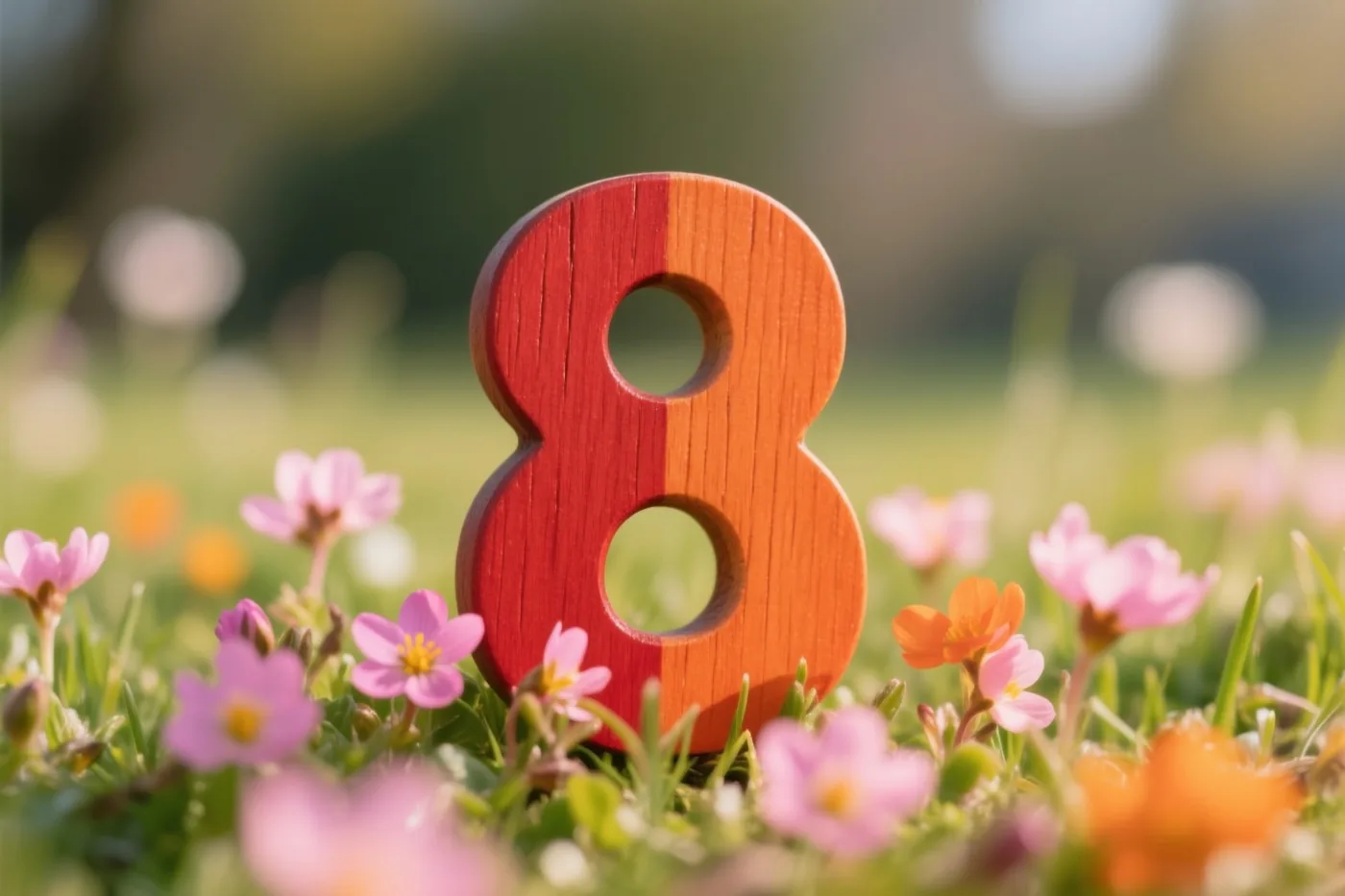 Een houten 8 staat rechtop in een zonnige weide met verse lentebloemen in een helder tafereel met rode, oranje en groene tinten.
