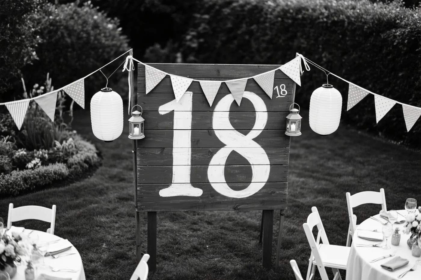 Een zwart-witfoto toont een groot houten bord met een geschilderde 18 in een tuin met tafels, stoelen, vlaggenlijnen en lantaarns.