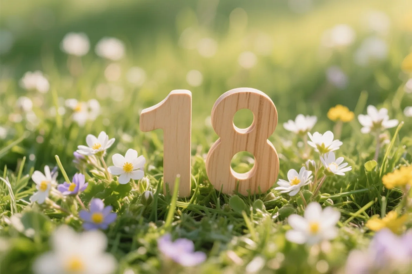 Houten cijfers vormen 18 in een zonnige groene weide met kleine witte, paarse en gele lentebloemen.