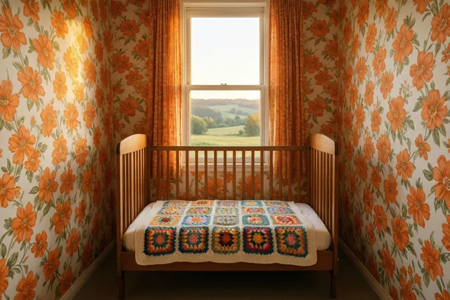 Een houten babybedje met een kleurrijke deken van gehaakte vierkantjes staat midden in een kamer met oranje bloemenbehang, waar zonlicht binnenvalt door een raam met uitzicht op een landelijk landschap.