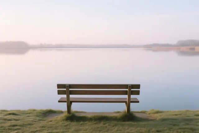 Een houten bank staat op een grasoever aan een rustig, mistig meer in zacht en bleek ochtendlicht.