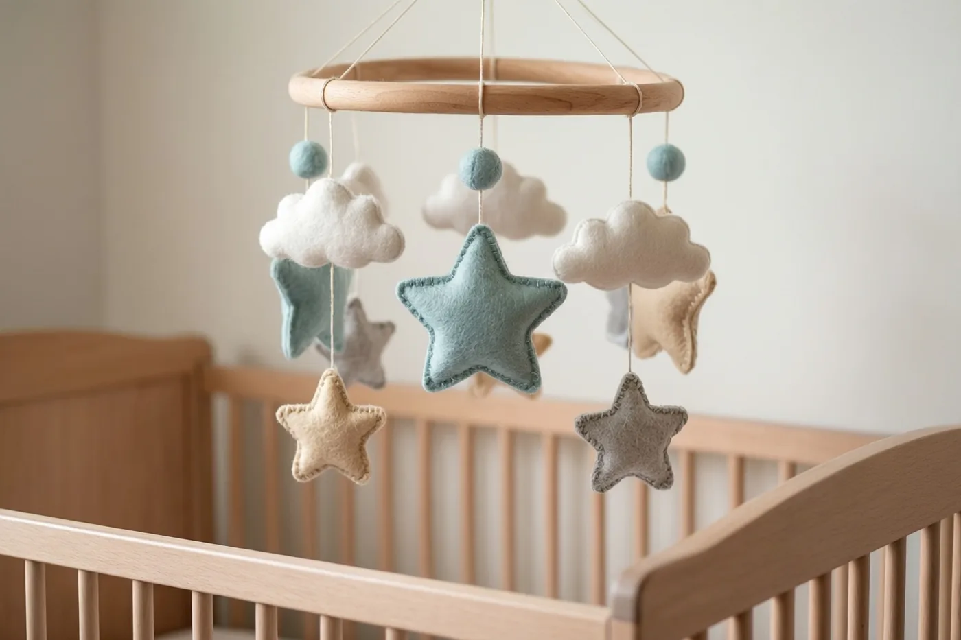 Een houten mobiel met sterren en wolken van vilt hangt boven een leeg houten babybedje in zacht licht en neutrale tinten.