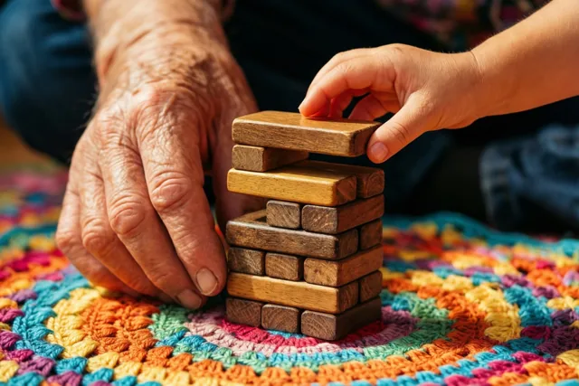 Een oudere hand en een kinderhand stapelen houten blokken tot een toren op een kleurrijk gehaakt tapijt.