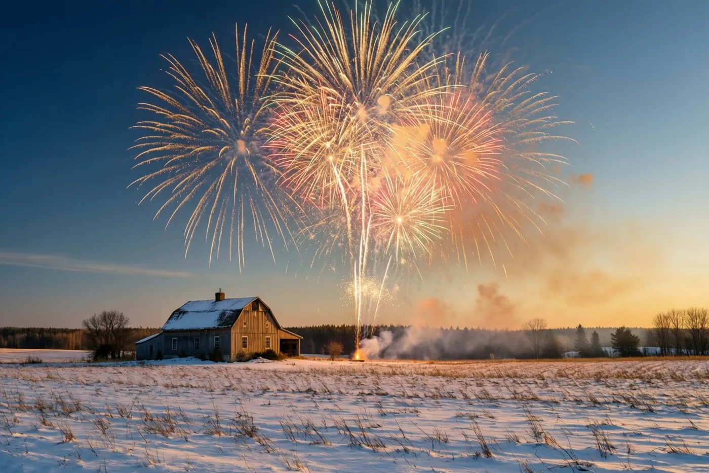 Kleurrijk vuurwerk verlicht een houten boerderij met een besneeuwd dak in een sneeuwveld onder een donkerblauwe lucht.