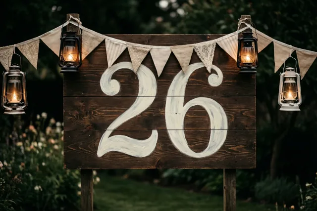 Een groot houten bord met 26 in witte verf staat buiten in een tuin met vlaggetjes en hangende lantaarns bij warm avondlicht.