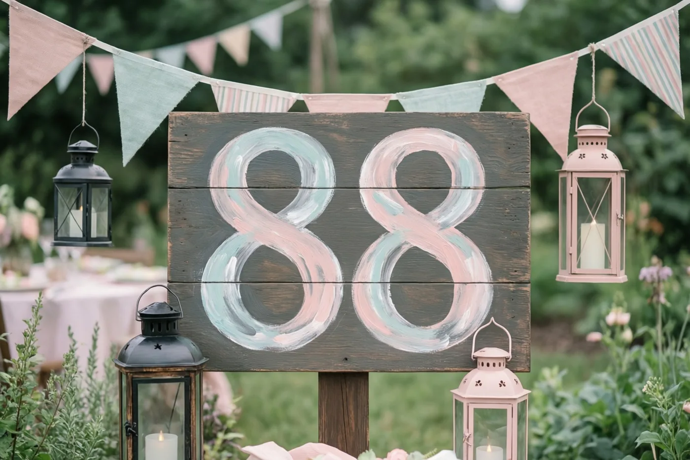 Een rustiek houten bord met 88 in pastelroze en blauw staat in een groene tuin tussen vlaggenlijnen en lantaarns.