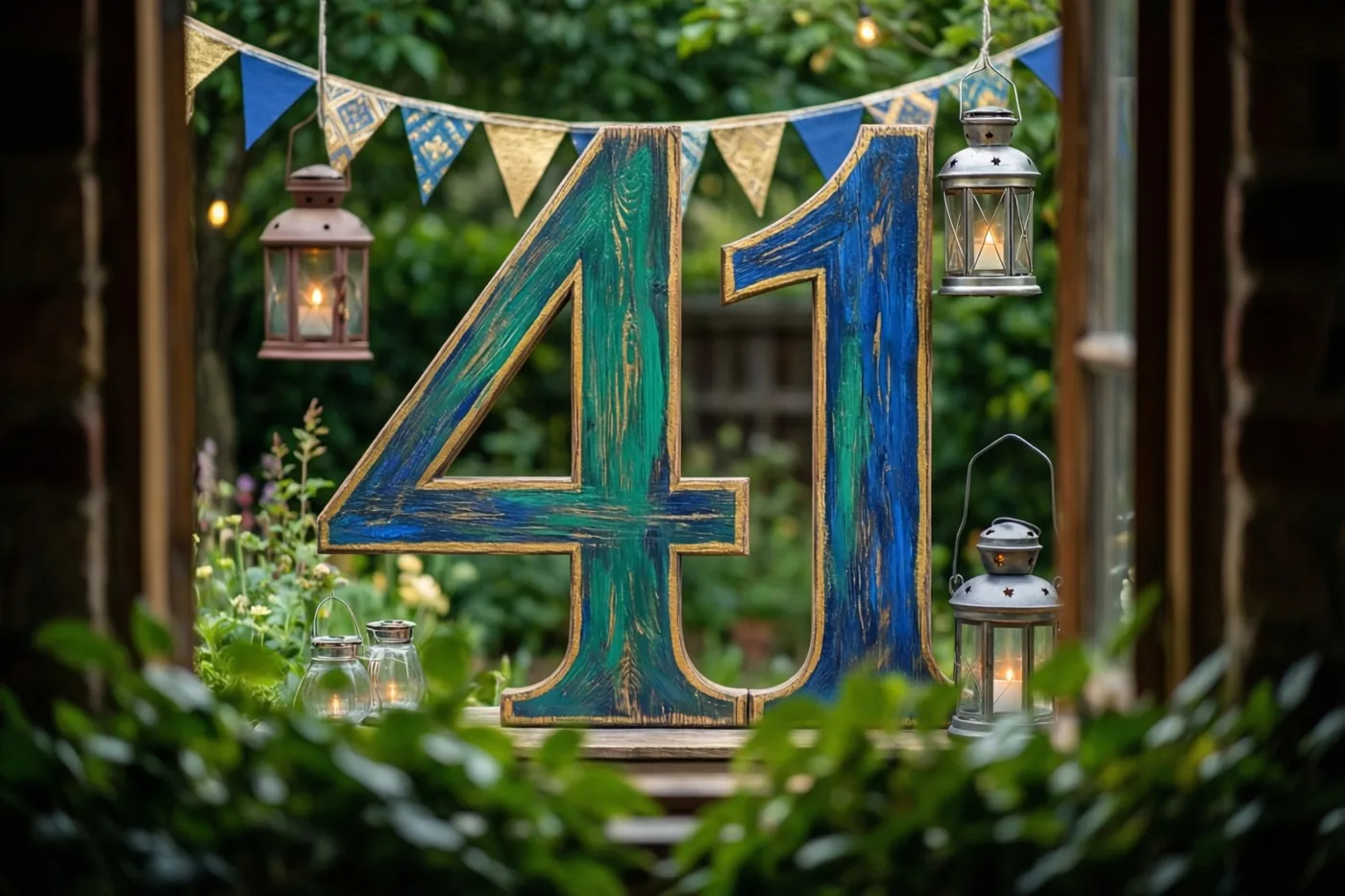 Een groot houten bord met 41 staat op een houten oppervlak in een tuin, omringd door groen, vlaggenlijnen en brandende lampionnen.