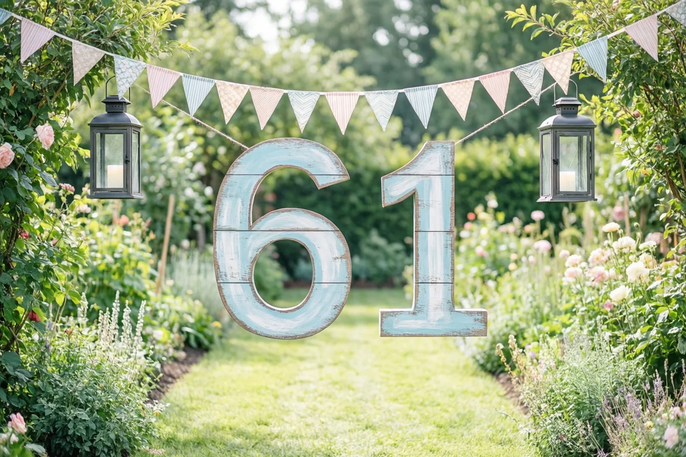Een groot beschilderd houten bord met 61 hangt tussen vlaggetjes en lantaarns bij een zonnig tuinpad met groen en bloemen.