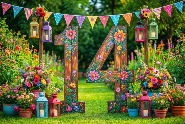 Een groot beschilderd houten bord met 14 staat tussen kleurrijke vlaggetjes en lantaarns in een tuin met groen gras en veel bloemen.