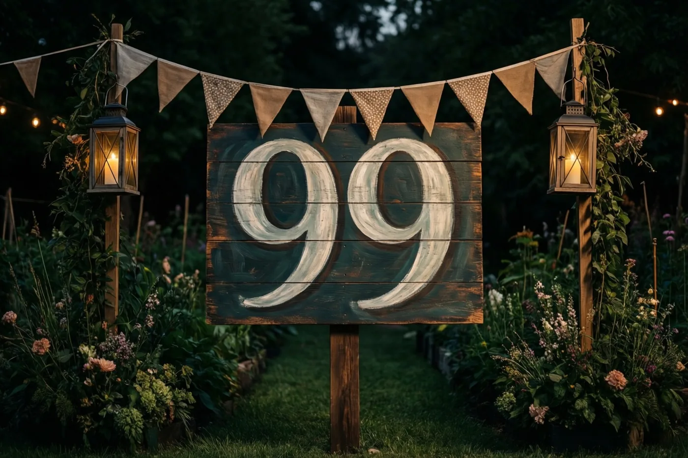 Een groot houten bord met 99 in witte verf staat bij schemering in een tuin, tussen lantaarns en vlaggetjes in warm licht.