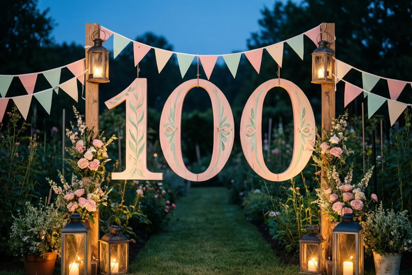 Een groot beschilderd houten bord met 100 staat in een avondtuin met bloemen en een graspad, tussen vlaggenlijnen en brandende lantaarns.