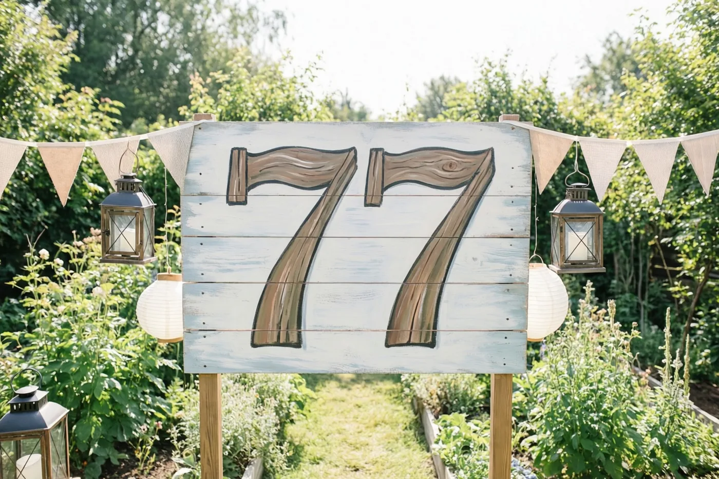 Een groot houten bord met 77 staat in een zonnige tuin tussen groen, vlaggetjes en hangende lantaarns.
