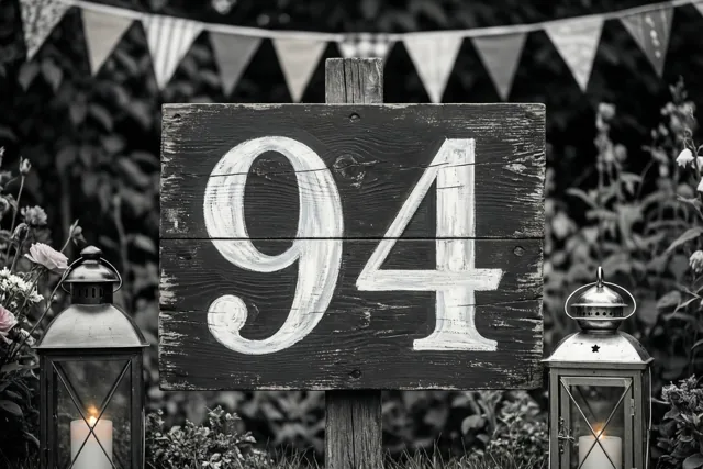 Een zwart-witfoto toont een verweerd houten bord met 94 in witte verf tussen twee brandende lantaarns, met vlaggetjes en tuingroen op de achtergrond.