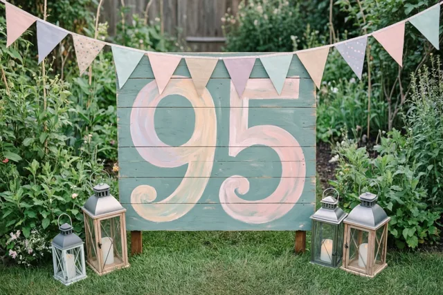 Een groot houten bord met het geschilderde getal 95 staat in een tuin met gras, pastelkleurige vlaggetjes en brandende lampions in blauwgroene, roze en groene tinten.