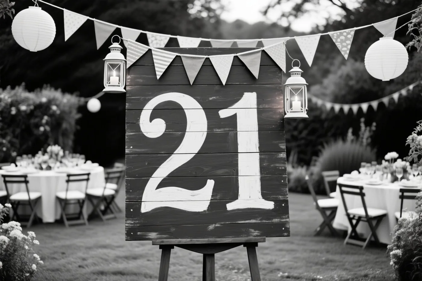 Een zwart-witfoto toont een groot houten bord met 21 in witte verf, versierd met vlaggetjes en lantaarns, met tuintafels en stoelen op de achtergrond.