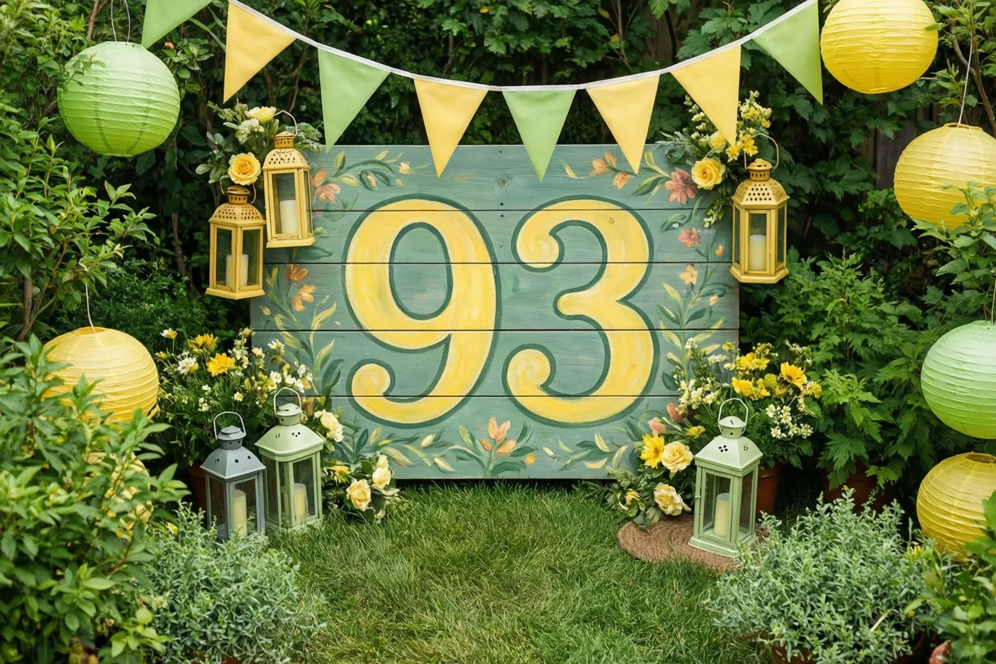 Een groot houten bord met het geschilderde getal 93 staat op gras tussen groen, gele en groene vlaggetjes en papieren lantaarns.